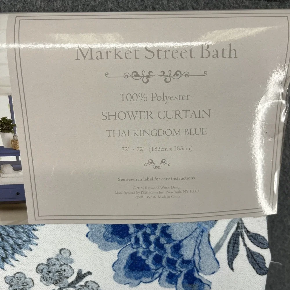 Market Street Bath Fabric Shower Curtain Floral cottage garden Thai Kingdom Blue